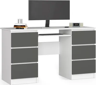 Produktbild von Schreibtisch – Bürotisch – Computertisch – Büroschreibtisch – 135 cm – Weiß / Graphit – Großer Computertisch mit 6 Schubladen und Tastaturauszug