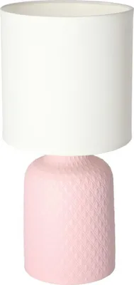 A pink table lamp with a white lampshade against a white background.