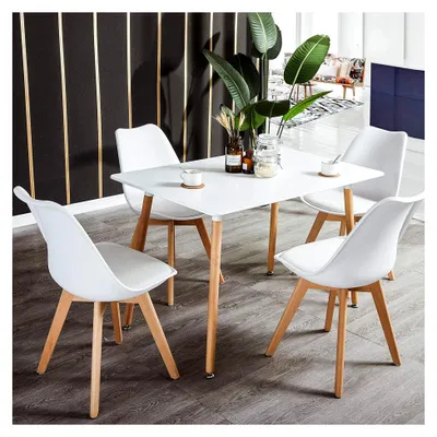 Produktbild von Essgruppe 5-teilig | Küchentisch-Set | Esszimmertisch mit 4 weißen Stühlen | Esszimmergruppe für Küche und Wohnzimmer | Weißer Esstisch