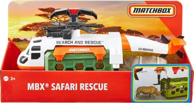 Produktbild von Matchbox Rettungsabenteuer Set mit Fahrzeug und Tierfigur, Safari Rescue, Nashorn Rhino Rescue Hubschrauber