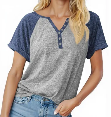 Produktbild von Kurzarm-Sommer-T-Shirt für Damen, Henley-Kragen, kontrastierende Raglanärmel,Größe:S