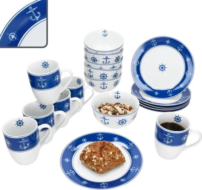Zdjęcie produktu dla Ahoy 18-częściowy zestaw śniadaniowy porcelanowy talerz miska kubek niebieski marynistyczny