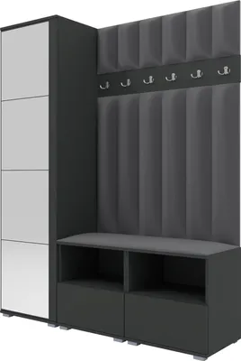 Produktbild von Garderoben-Set Nela II LUX mit Spiegel, gepolsterte Garderobe 150 cm mit Doppel-Sitzbank, Wandpaneelen und Stauraum (Farbe: Graphit + Trinity 15)