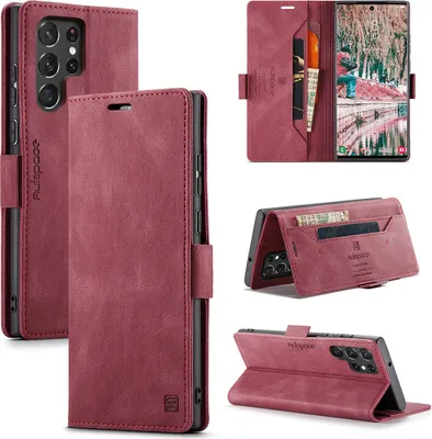 Produktbild von Galaxy S22 Ultra 5G Brieftasche Hülle, Retro Kunstledertasche Stand Schutzhülle für Samsung Galaxy S22 Ultra 5G Rot