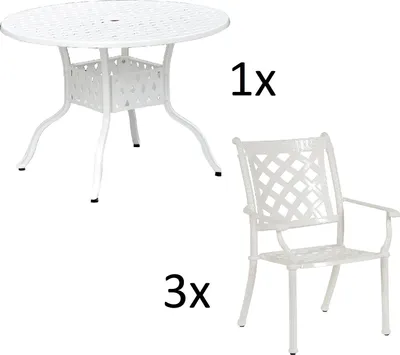Produktbild von Inko 4-teilige Sitzgruppe Aluminium Guss weiß Tisch Ø 106 cm mit 3 Sesseln