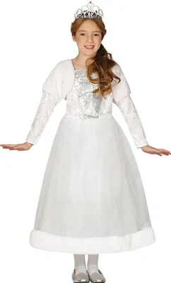 A young girl wearing a white princess costume and a tiara, posing for a product photo.