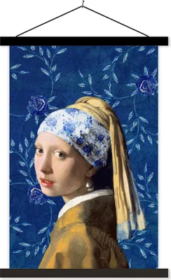 Produktbild von MuchoWow® Textilposter Mädchen mit Perlenohrring - Delfter Blau - Vermeer - Blumen - Gemälde - Alte Meister 40x60 cm mit schwarzem Rahmen - Wanddekorationen