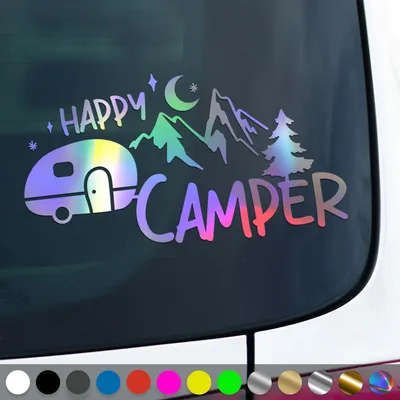 Produktbild von PantherPixel Camper Aufkleber Happy Glücklich Bus Wohnmobil Camping Sticker Auto Geschenkidee Farbe Oilslick-Hologramm