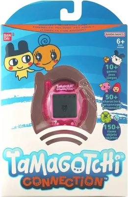 The image shows the retail packaging of a Tamagotchi Connection toy. The packaging is predominantly blue with graphics of Tamagotchi characters and product features.