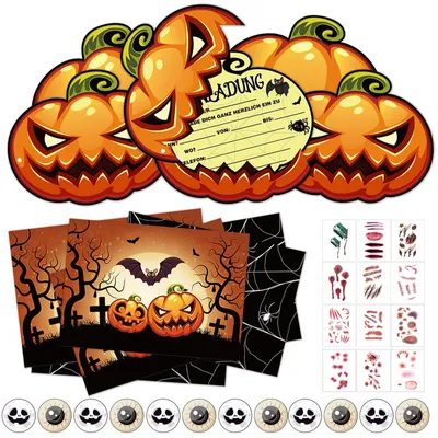 Einladungskarten Kindergeburtstag, Halloween, Kürbis, 12 Stück