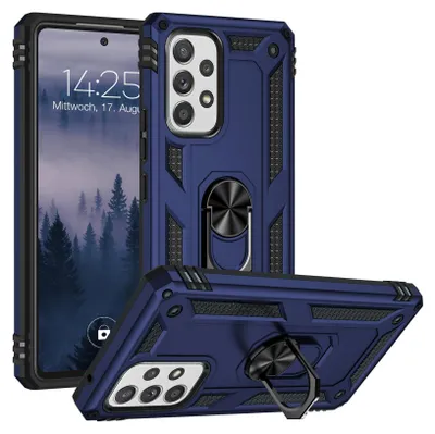 A blue rugged phone case with a ring holder is displayed from multiple angles, with a phone inside one of the cases.