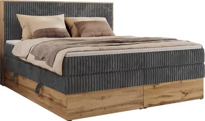 Produktbild von MKS MEBLE Boxspringbett WOOD CLASSIC KING, Doppelbett mit zwei Multipocket-Matratze und Topper T25, hohe Kopfteil, Stauraum - 200 x 200 cm - H3 - Grau Cord