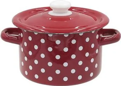 A red polka dot pot with a white lid.