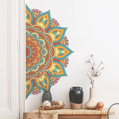 Productafbeelding van Unyqoos® Kleurrijke boho-halfmandala wandsticker, gemaakt van niet-giftig vinyl, verwijderbaar – geschikt voor woonkamer, slaapkamer en kantoor