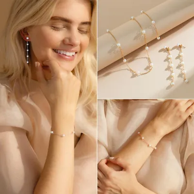 Image de Ensemble de bijoux pour femmes, composé de 3 pièces : un collier de perles, des boucles d'oreilles et un bracelet, idéal pour les mariages
