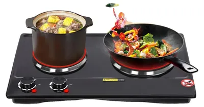 Productafbeelding van Elektrische kookplaat, 2500W vermogen, dubbele verwarmingszones, 6-standen temperatuurregeling, gemaakt van kunststof en gietijzer, compact formaat