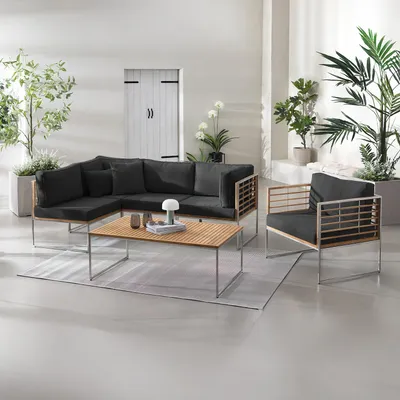 Produktbild von home24 Loungeset - 6-teilig - Webstoff / Teak Massiv