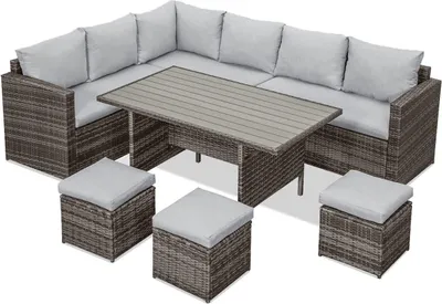Produktbild von MeXo Gartenmöbel Set Polyrattan Essgruppe 7 Teile Lounge Sofa für 6-9 Personen mit Hocker, wetterfest Balkonset Sitzmöbel-Set Indoor Outdoor grau