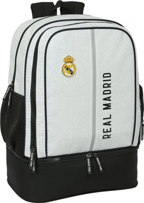 A white and black Real Madrid backpack.