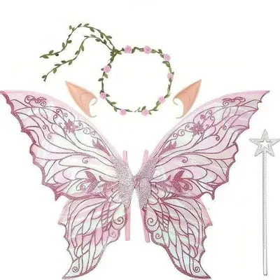 Produktbild von Elf Verkleidungsset – Feen Kostüm Set – mit Flügeln 72x55 cm, Zauberstab, Elfenohren & Blumenkranz – für Cosplay & Party – Rosa