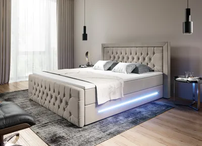 Produktbild von Moebelfest Boxspringbett 180x200 cm mit Blau LED-Beleuchtung: Polsterbett mit 2 Bettkästen, 2 Taschenfederkernmatratzen 7 Zonen, Topper sowie Kopf- und Fußteil (Glasgow in Beige)