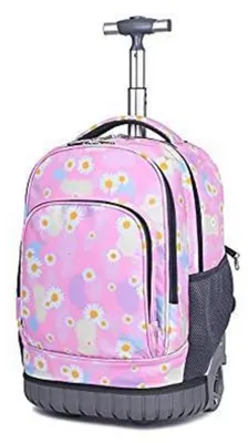 Image de Sac à dos à roulettes pour enfants et adolescents, imperméable, motif floral rose, compartiment pour ordinateur portable