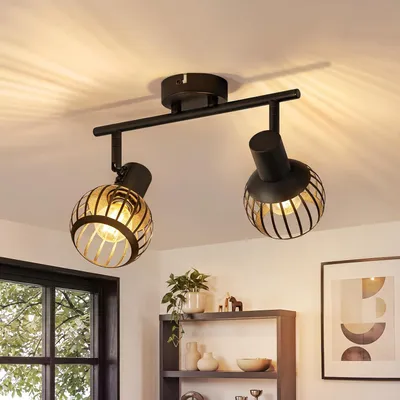 Zdjęcie produktu dla ZMH Reflektor sufitowy, 2 źródła światła, czarny, gwint E14, styl vintage, obrotowe 350°, lampa ścienna, retro, metalowa, w kształcie klatki, do sypialni, salonu, korytarza