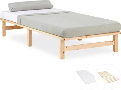 Image de Cadre de lit 90x200 cm avec Matelas Lit en bois massif Lit simple Lit palette Lit d'enfant Sommier à lattes
