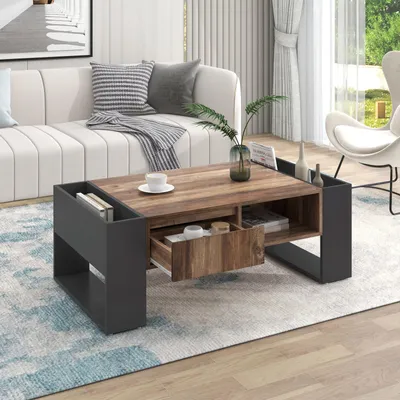 Immagine prodotto di Tavolino in look legno con un cassetto e vani portaoggetti, nero + grigio