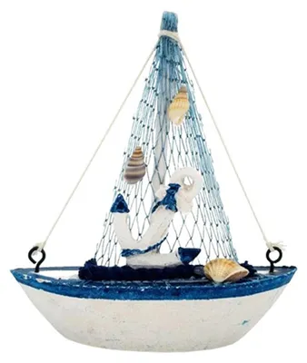Imagen del producto de Modelo de barco de vela de madera con red de pesca, decoración marina, 1 unidad, para baño