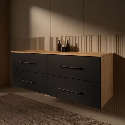 Produktbild von Planetmöbel LUX Waschtischunterschrank 140 cm hängend ohne Aufsatz-Waschbecken Gold Eiche/Anthrazit