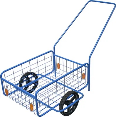 A blue wire-frame handcart with two black wheels and an orange reflector on each side.