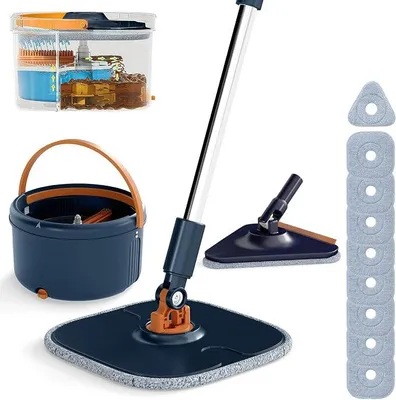 Imagen del producto de Set de mop con cubo, cubo para limpieza con mop giratorio de 360° y paños, mop para limpieza de suelos con función de lavado y secado, limpiador de suelos para todo tipo de superficies (azul + 9 paños)