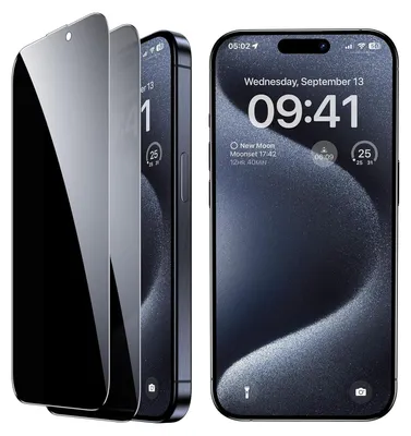 A collage of an iPhone 14 Pro Max with privacy screen protectors, showing the phone's lock screen and the screen protectors.