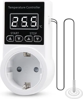A white digital thermostat plug with a temperature probe.