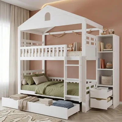 Produktbild von Merax Etagenbett 90x200 cm mit Leiter, Hausbett mit 2 Schubladen und seitlichem Aufbewahrungsschrank, Kinderbett mit Rausfallschutz, Weiß, KI-generiertes Bild