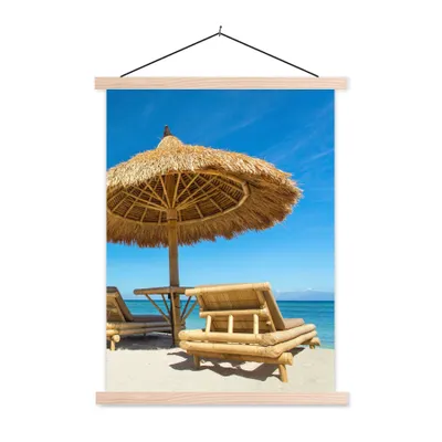 Produktbild von MuchoWow® Textilposter Strandkorb - Strand - Sonnenschirm - Meer - Sommer 40x53 cm mit holzfarbenen Rahmen - Schlafzimmer