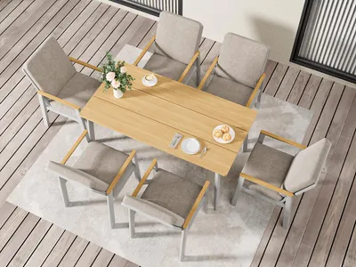 Produktbild von MEXO Gartenlounge-Set Aluminium Essgruppe im Boho-Stil mit Esstisch 150x80 cm (Gartenmöbel Set, 7-tlg., für 6 Personen), wetterfest & pflegeleicht