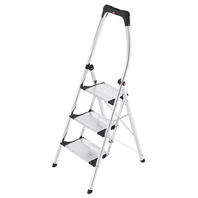 Produktbild von Hailo K100 Topline Alu-Klapptritt-Leiter - 3 extra große Stufen bis 150kg - Komfort-Trittleiter mit hochgeschwungenem Sicherheitsbügel & Ablageschale - Füße mit Soft-Grip-Sohle - rostfrei - Silber