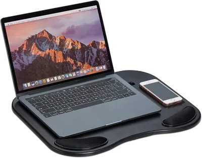 Produktbild von Laptop-Auflage – Kissen für den Schoß, geeignet für Laptops – Platz für Mobiltelefone – Ergonomisches Design – Geeignet für 11-Zoll-Tablets – Kunststoff – Schwarz