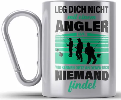 Produktbild von Trendation - Angler Edelstahl Tasse Karabiner Geschenk für Männer Spruch Lustig für Fischer Geschenkidee Angeln Becher (Silber)