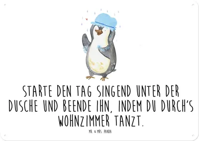 Produktbild von Mr. & Mrs. Panda Wandbild Pinguin Duschen DIN A4 - Weiß - Geschenk, Dusche, Magnetschild, Duschkonzert, Singen, Türschild, glücklich sein, tafel, Schild, Tanzen