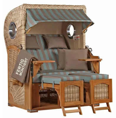 Produktbild von Strandkorb wetterfest Düne Teak Shell 2-Sitzer mit Bullaugen & PE-Geflecht Volllieger