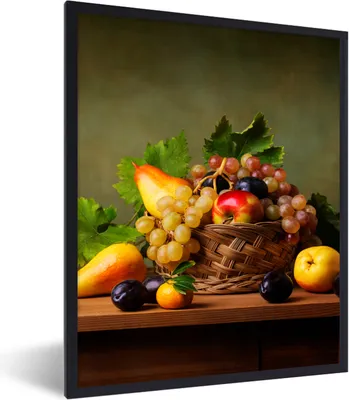 Produktbild von MuchoWow® Gerahmtes Poster Rustikal - Korb - Obst - Stilleben 60x80 cm - Poster mit Schwarzem Bilderrahmen Wandposter Rahmen Foto Bilder - Premium - Wanddeko Wohnzimmer