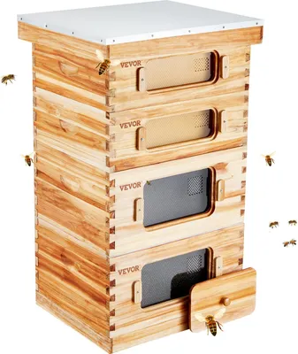 Produktbild von Bienenstock, 40 Rahmen, Zander Beute, mit Bienenwachs beschichtetes Zedernholz, 2 tiefe + 2 mittelgroße Bienenkästen, Langstroth-Bienenstock-Set, transparente Acrylfenster mit Fundamenten