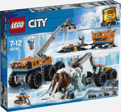 The image shows the box of a LEGO City Arctic Research Station playset, depicting various vehicles and figures in an icy environment.