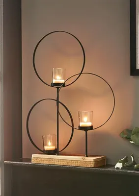 Produktbild von Windlicht "Ringe" aus Metall, schwarz, mit Sockel aus recyceltem Holz, 3 Teelichtgläser, Teelichthalter, Windlichtglas