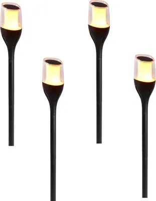 Four black pathway lights with yellow illuminated tops, arranged in a grid.