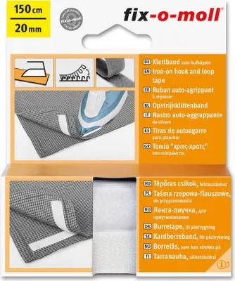 The image shows the packaging of iron-on hook and loop tape, with illustrations and text in multiple languages.