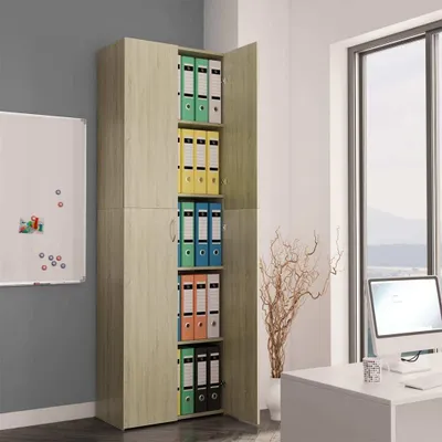 A tall, light-colored wooden cabinet filled with colorful binders is shown in an office setting.